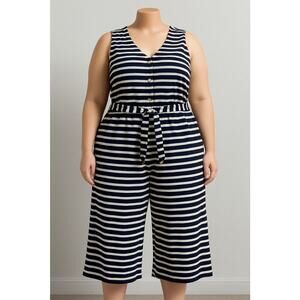 MONTEAU Womens Navy/White Striped Sleeveless Tie Button Up Crop Jumpersuit